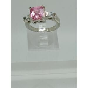 Vintage 3-Stone Gold GP Pink Princess Cut Sim Diamond CZ Engagement Ring Size 7